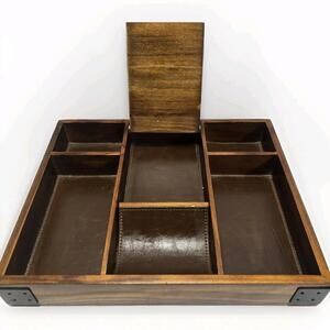 Wood Leather Valet Tray Organizer Nightstand Desk Entryway Catchall Storage Box